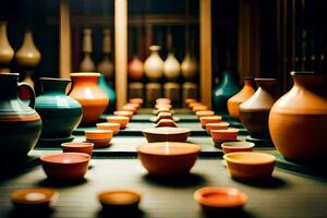 a row of colorful vases and bowls on a table. AI-Generated photo