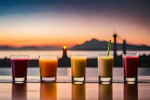 five glasses of juice on a table with a sunset in the background. AI-Generated photo