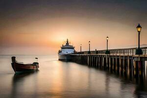 un barco es atracado a el muelle a puesta de sol. generado por ai foto