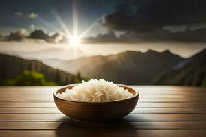 arroz en un cuenco en un de madera mesa. generado por ai foto