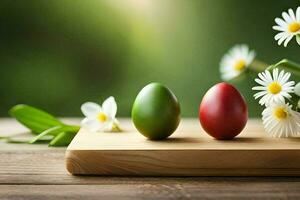 two eggs on a wooden cutting board with daisies. AI-Generated photo