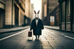 a rabbit wearing a suit and tie is walking down a street. AI-Generated photo