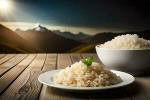el arroz es servido en un de madera mesa con montañas en el antecedentes. generado por ai foto