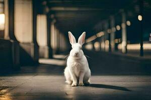 a white rabbit sitting in a dark tunnel. AI-Generated photo