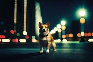 un perro en pie en el medio de un ciudad calle a noche. generado por ai foto