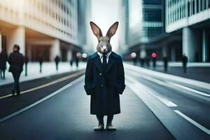 un Conejo vistiendo un traje y Corbata en pie en el medio de un ciudad calle. generado por ai foto