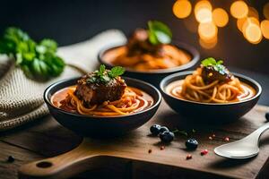 spaghetti with meat and vegetables in a bowl. AI-Generated photo
