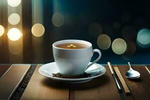 a cup of tea on a wooden table with bokeh lights. AI-Generated photo