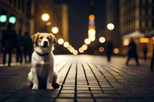 un perro sentado en el calle a noche. generado por ai foto