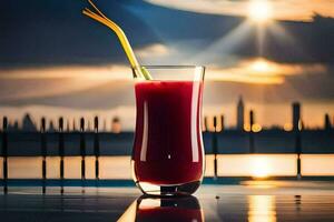 a glass of red juice with a straw on the edge of a pool. AI-Generated photo