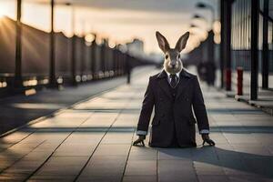 a rabbit dressed in a suit and tie sits on a sidewalk. AI-Generated photo