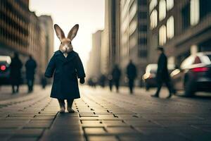 a rabbit wearing a coat and tie standing on a street. AI-Generated photo