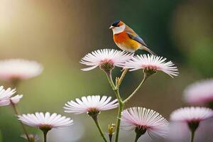 un pájaro es encaramado en parte superior de algunos rosado flores generado por ai foto