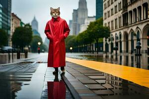 a cat in a red coat standing on a wet street. AI-Generated photo