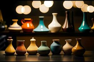 a row of colorful vases on a table. AI-Generated photo