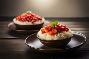 two bowls with rice and tomatoes on a wooden table. AI-Generated photo