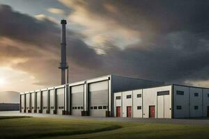 a large industrial building with a large chimney. AI-Generated photo