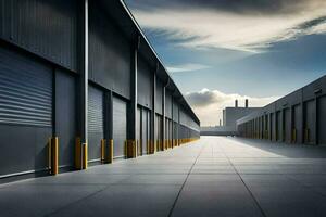 un largo vacío pasillo con metal puertas y amarillo postes generado por ai foto