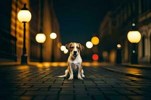 a dog sitting on the street at night. AI-Generated photo