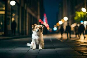 un perro sentado en el calle a noche. generado por ai foto