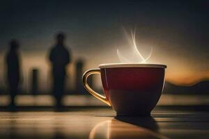 un taza de café en un mesa con personas en el antecedentes. generado por ai foto