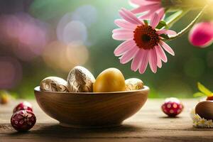 easter eggs in a bowl. AI-Generated photo