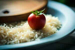 un tomate en parte superior de arroz en un bol. generado por ai foto