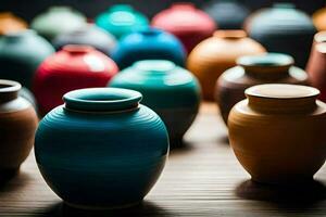 many colorful vases are sitting on a table. AI-Generated photo