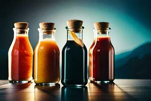 cinco botellas de salsa en un mesa. generado por ai foto