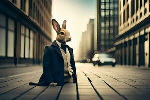 a rabbit in a suit and tie sitting on the ground. AI-Generated photo