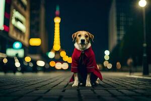 a dog in a red coat sitting on the ground in front of the eiffel tower. AI-Generated photo