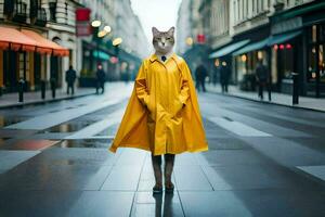 a cat wearing a yellow raincoat on a rainy street. AI-Generated photo