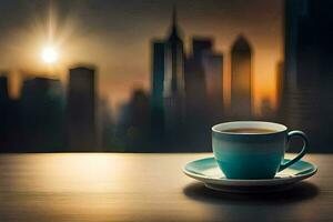 a cup of coffee on a table in front of a cityscape. AI-Generated photo