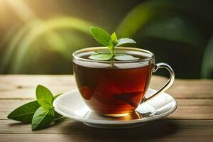 a cup of tea with mint leaves on a wooden table. AI-Generated photo