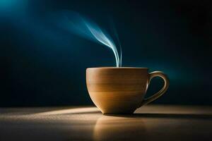 a cup of coffee on a table with smoke coming out of it. AI-Generated photo