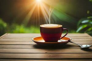 a cup of coffee on a wooden table with a sun shining in the background. AI-Generated photo