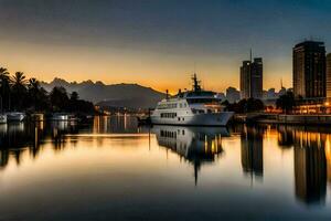 a boat is docked in the water near a city. AI-Generated photo