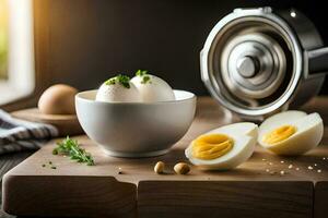 a bowl of boiled eggs on a cutting board. AI-Generated photo