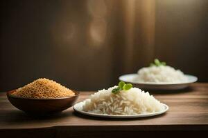 two bowls of rice sit on a table. AI-Generated photo