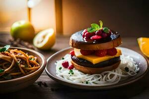 a hamburger with berries and noodles on a plate. AI-Generated photo