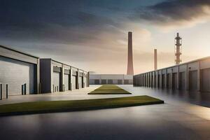 a warehouse with a large building in the background. AI-Generated photo