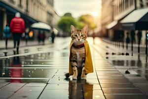 a cat wearing a yellow cape walks down a street. AI-Generated photo