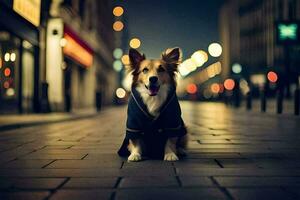 a dog sitting on the street at night. AI-Generated photo