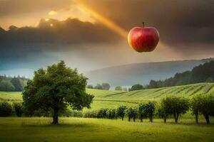 an apple is flying over a field with trees. AI-Generated photo