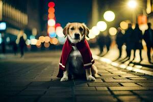 a dog wearing a red cape sits on the street at night. AI-Generated photo