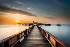 a pier with a sunset over the water. AI-Generated photo