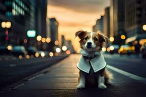 a dog wearing a vest on the street at dusk. AI-Generated photo