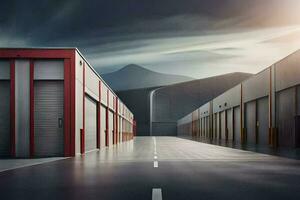 a long empty warehouse with a dark sky. AI-Generated photo