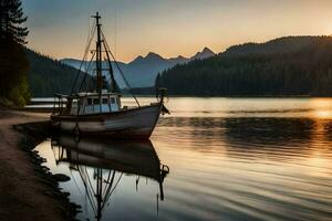 a boat sits on the shore of a lake at sunset. AI-Generated photo