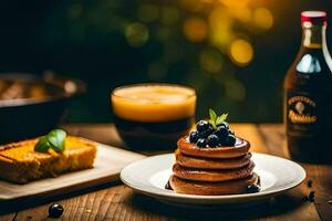 pancakes with blueberries and coffee on a wooden table. AI-Generated photo